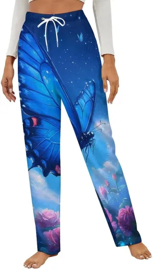 Blue Butterflies Women's Pajama Pants Fleece Warm Pj Bottoms Sleepwear Lounge Pants Loungewear