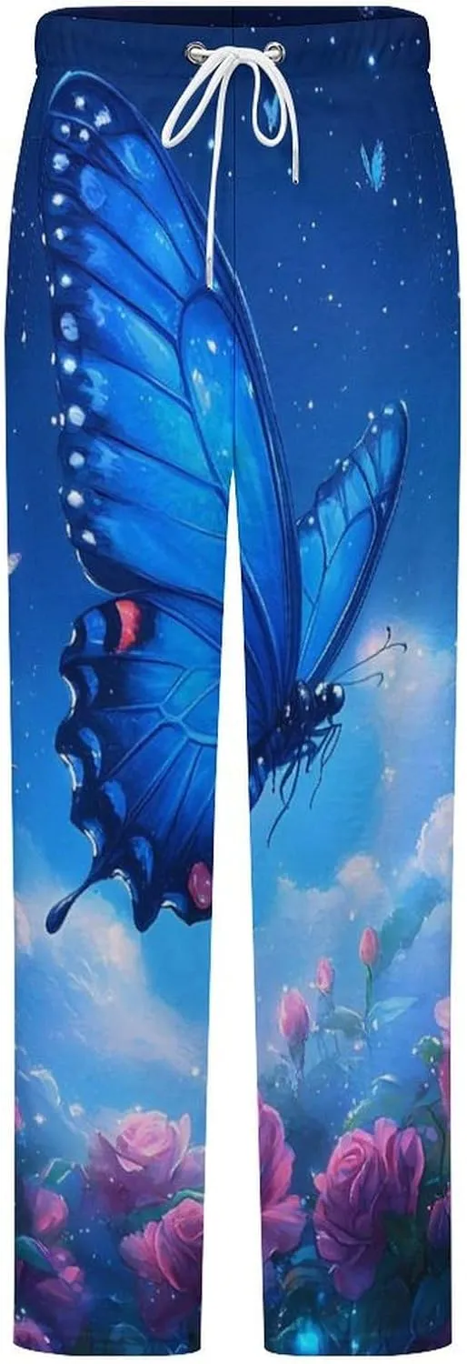 Blue Butterflies Women's Pajama Pants Fleece Warm Pj Bottoms Sleepwear Lounge Pants Loungewear