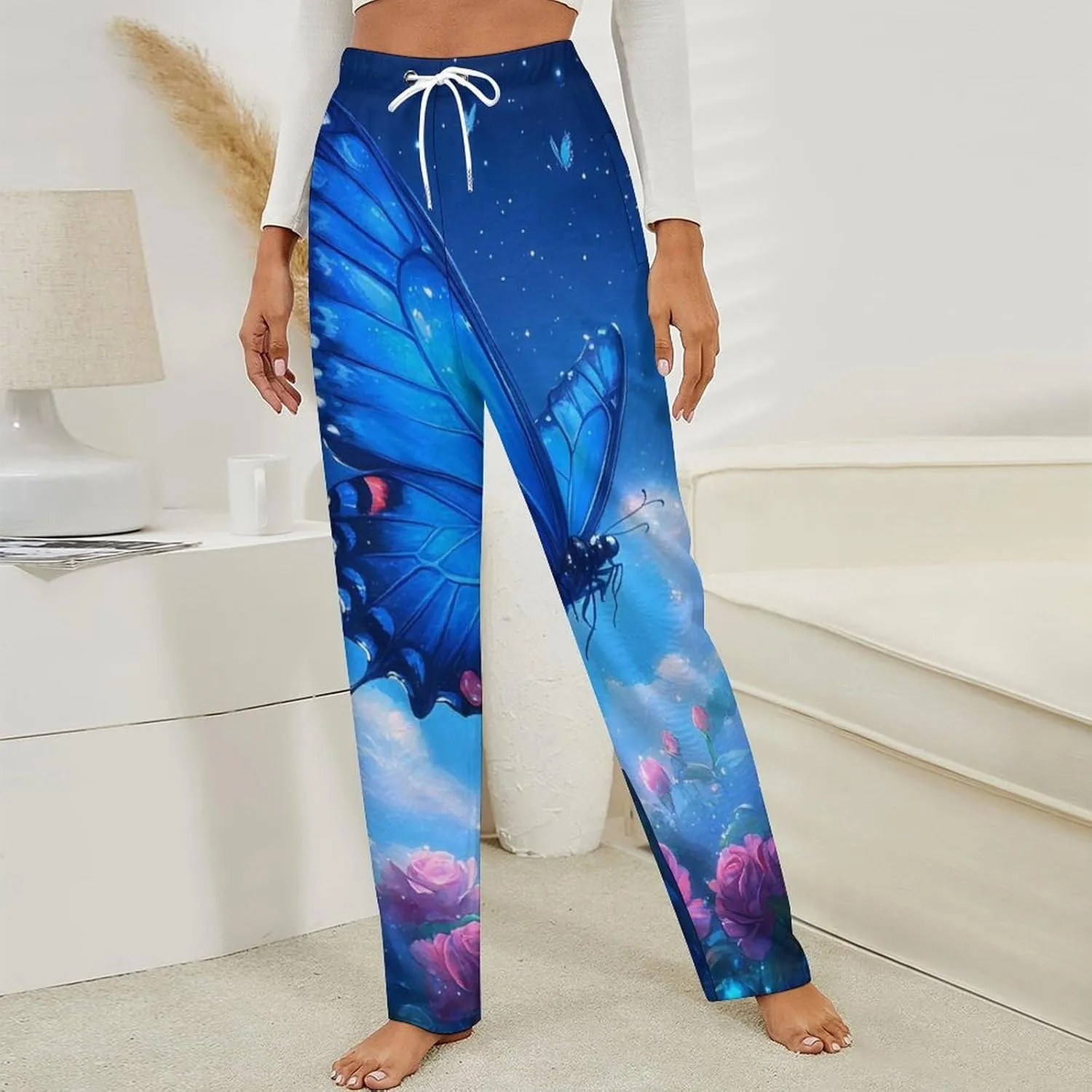 Blue Butterflies Women's Pajama Pants Fleece Warm Pj Bottoms Sleepwear Lounge Pants Loungewear