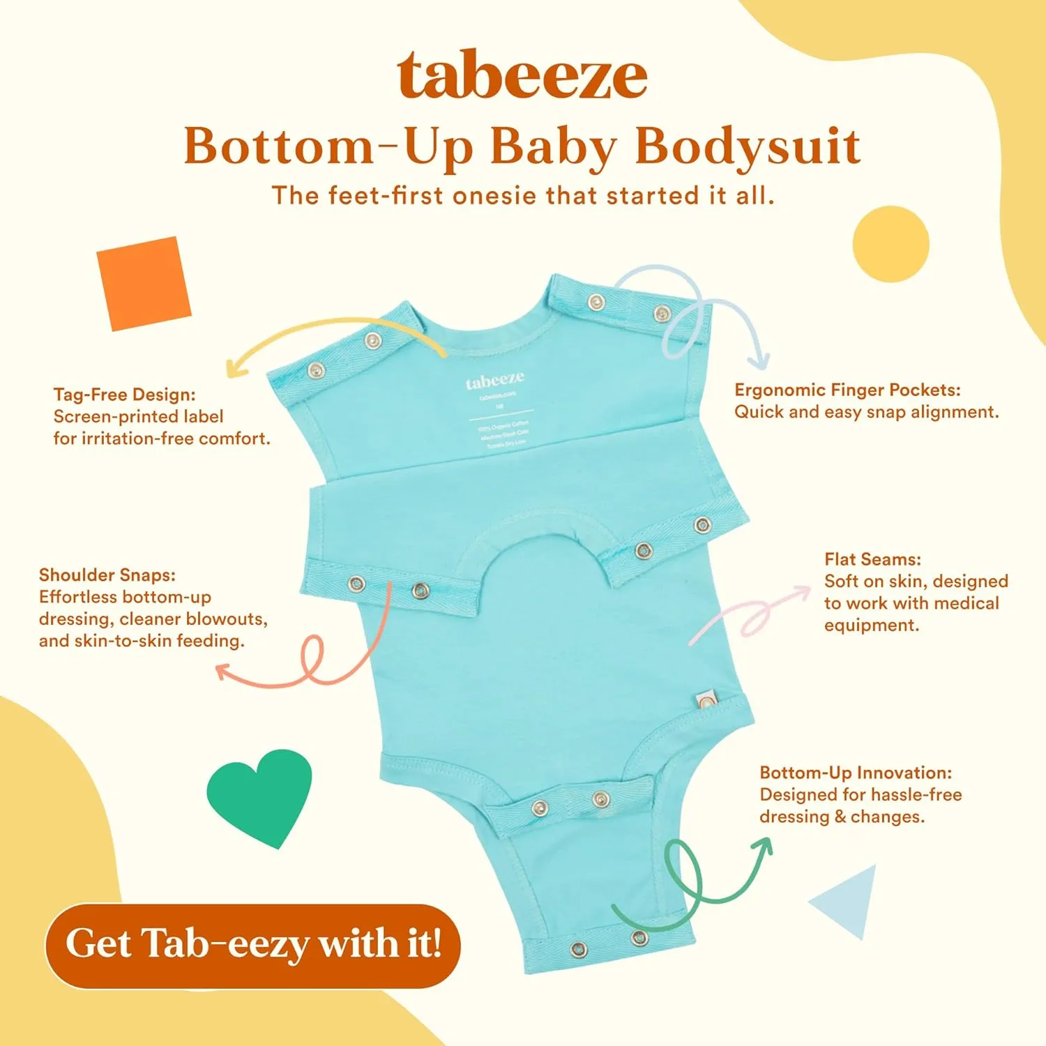 Bottom-Up Baby Bodysuit, Onesie with Top Snaps, As Seen on Shark Tank, 100% GOTS Organic Cotton, Boy/Girl Clothes