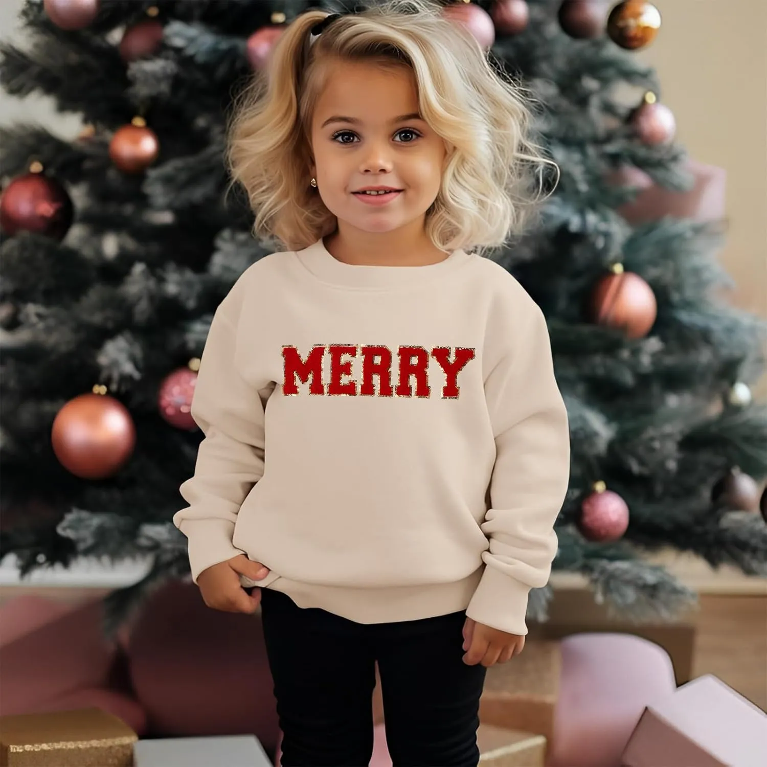 BOUTIKOME Merry Christmas Sweatshirt Toddler Baby Girl Glitter Patch Merry Shirts Xmas Pullover Holiday Tops Winter Clothes