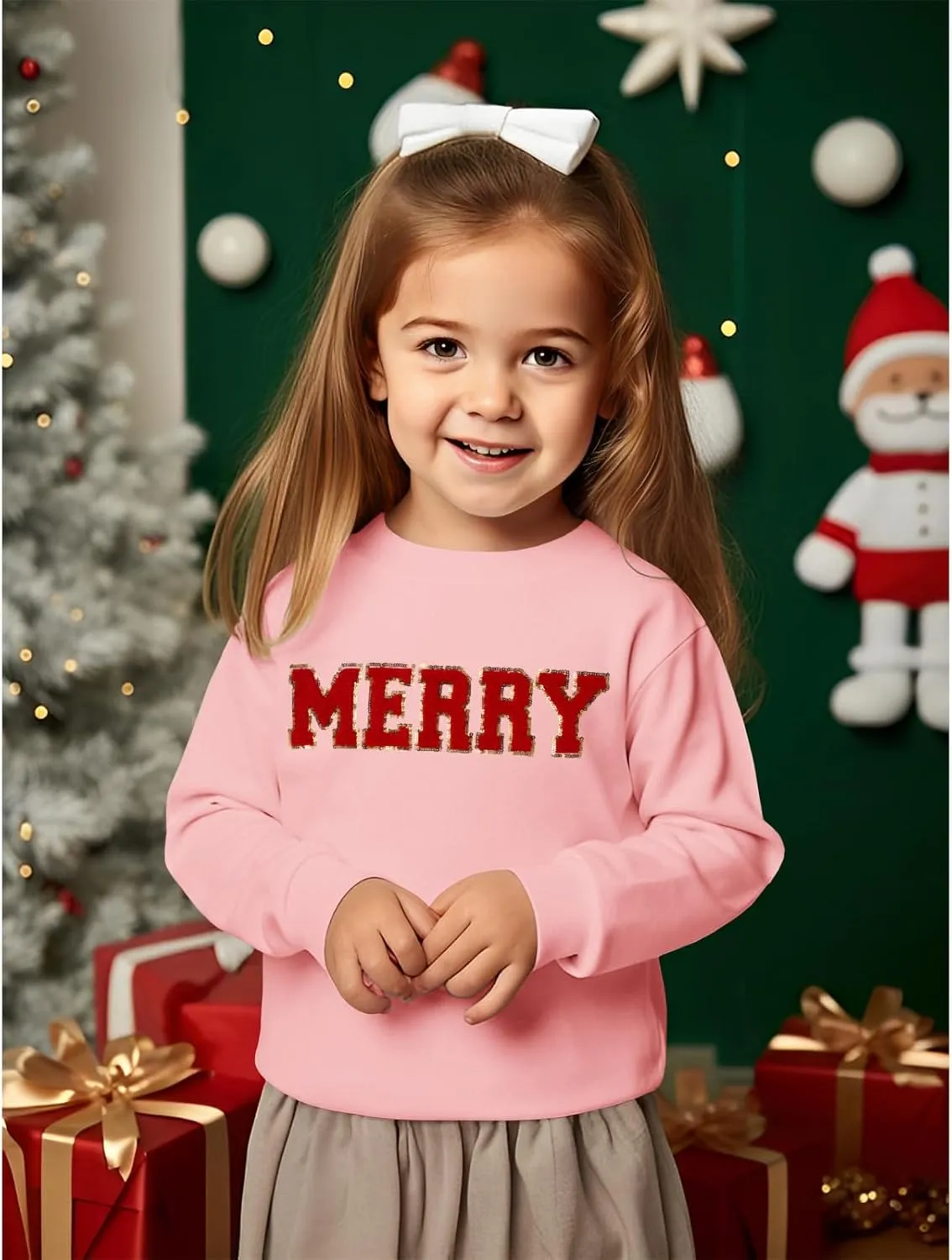 BOUTIKOME Merry Christmas Sweatshirt Toddler Baby Girl Glitter Patch Merry Shirts Xmas Pullover Holiday Tops Winter Clothes