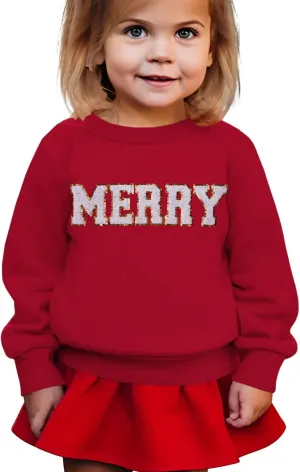 BOUTIKOME Merry Christmas Sweatshirt Toddler Baby Girl Glitter Patch Merry Shirts Xmas Pullover Holiday Tops Winter Clothes