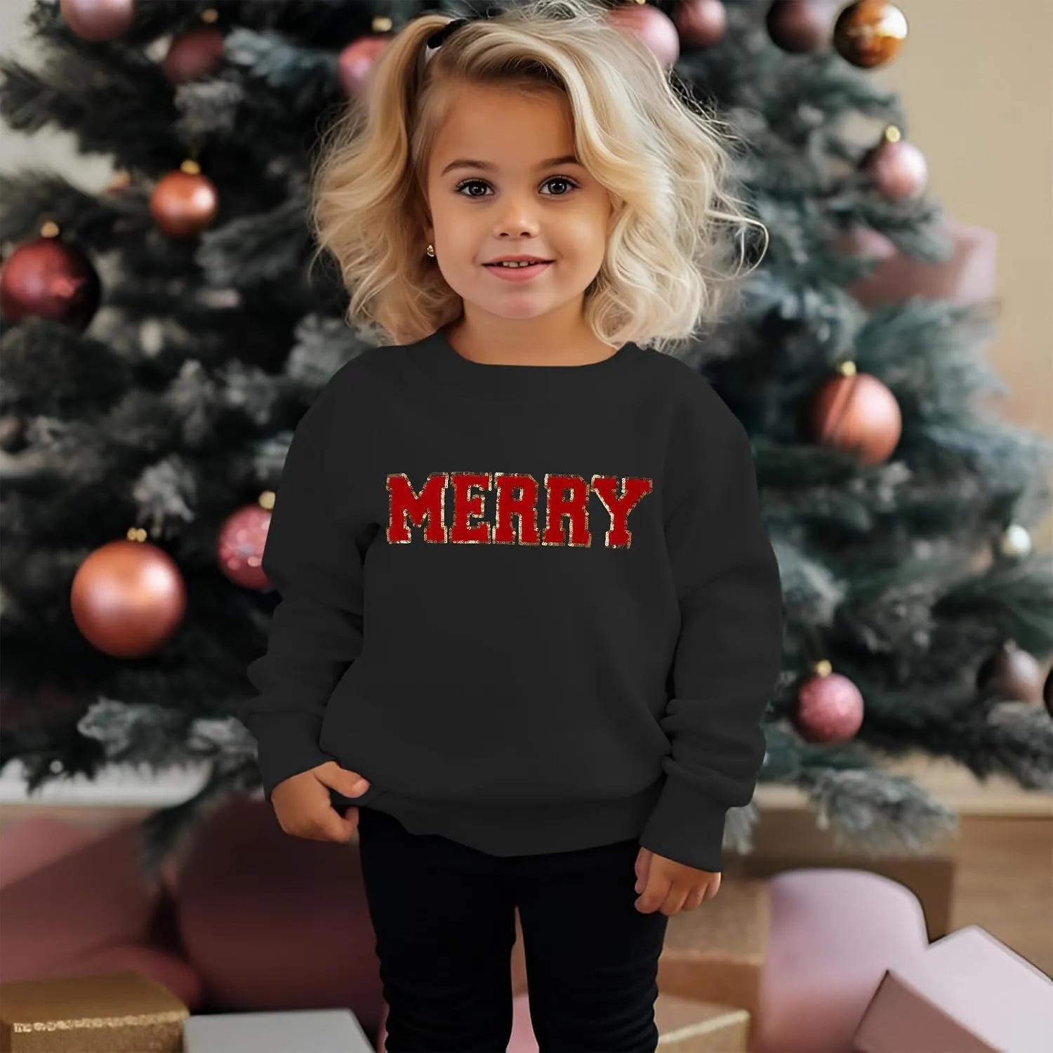 BOUTIKOME Merry Christmas Sweatshirt Toddler Baby Girl Glitter Patch Merry Shirts Xmas Pullover Holiday Tops Winter Clothes