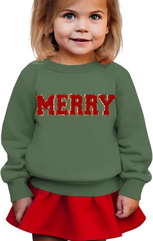 BOUTIKOME Merry Christmas Sweatshirt Toddler Baby Girl Glitter Patch Merry Shirts Xmas Pullover Holiday Tops Winter Clothes