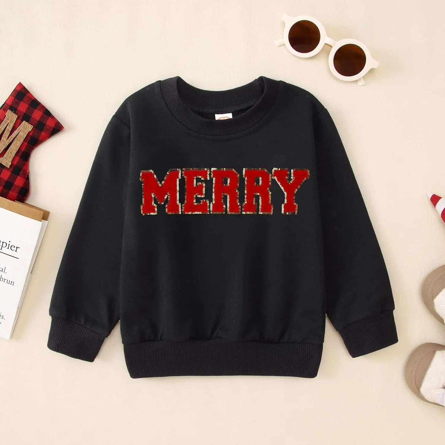 BOUTIKOME Merry Christmas Sweatshirt Toddler Baby Girl Glitter Patch Merry Shirts Xmas Pullover Holiday Tops Winter Clothes