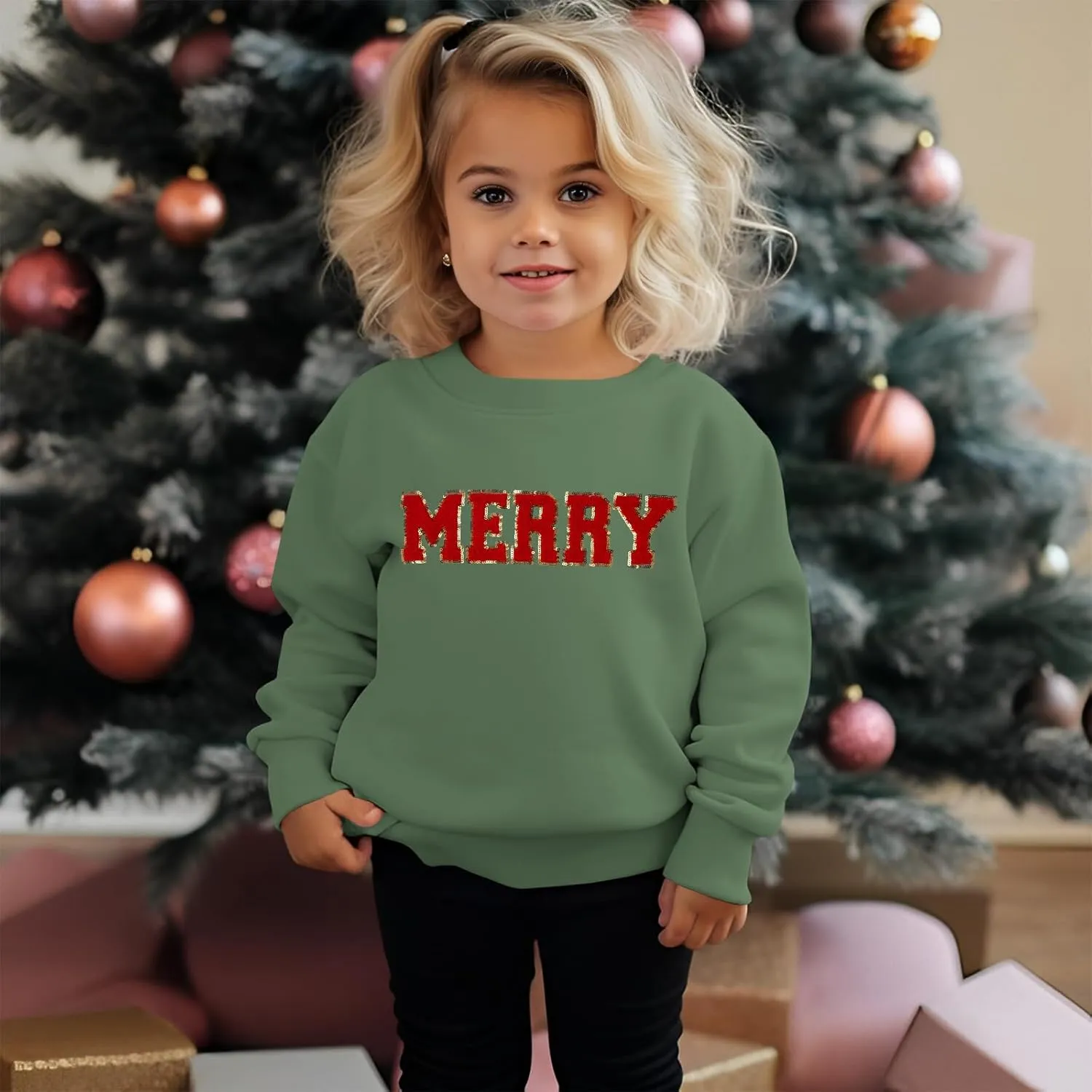 BOUTIKOME Merry Christmas Sweatshirt Toddler Baby Girl Glitter Patch Merry Shirts Xmas Pullover Holiday Tops Winter Clothes