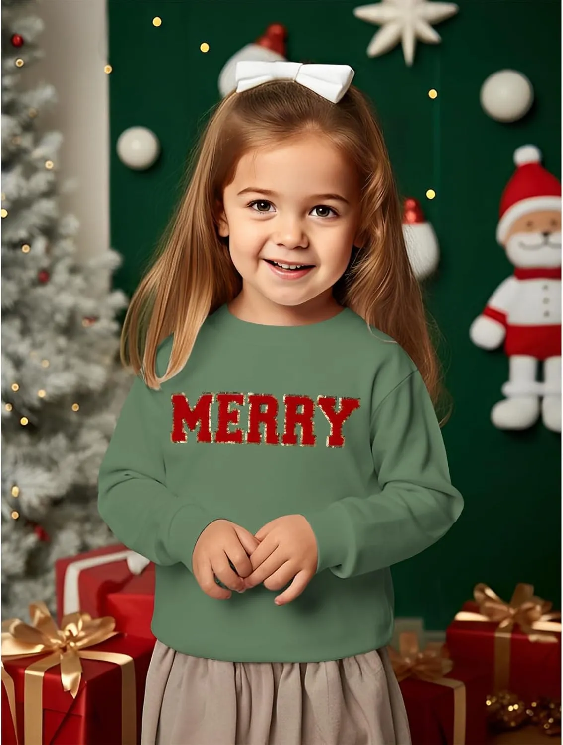BOUTIKOME Merry Christmas Sweatshirt Toddler Baby Girl Glitter Patch Merry Shirts Xmas Pullover Holiday Tops Winter Clothes