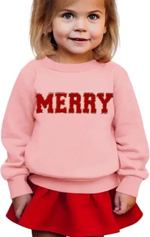 BOUTIKOME Merry Christmas Sweatshirt Toddler Baby Girl Glitter Patch Merry Shirts Xmas Pullover Holiday Tops Winter Clothes