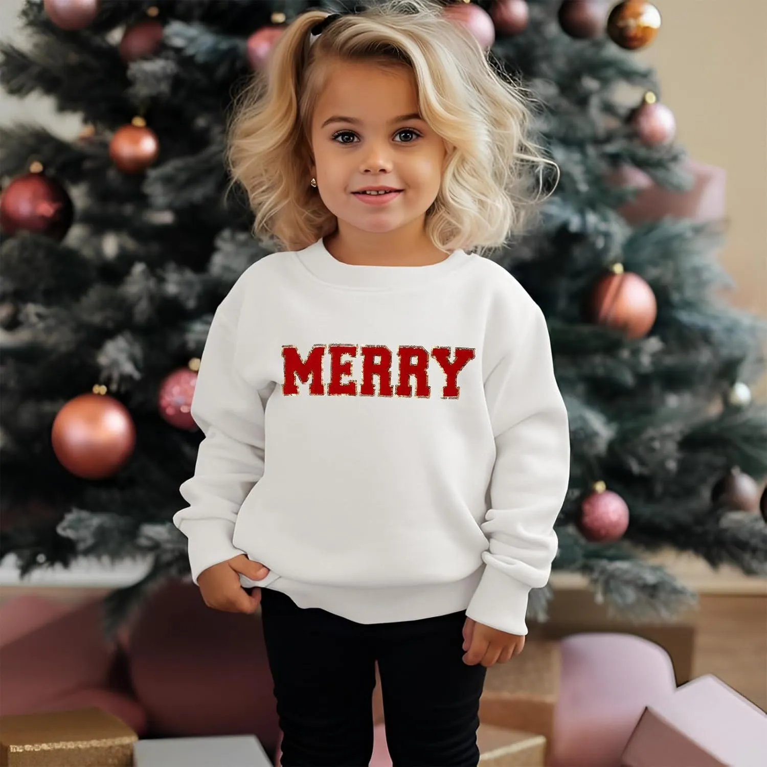 BOUTIKOME Merry Christmas Sweatshirt Toddler Baby Girl Glitter Patch Merry Shirts Xmas Pullover Holiday Tops Winter Clothes