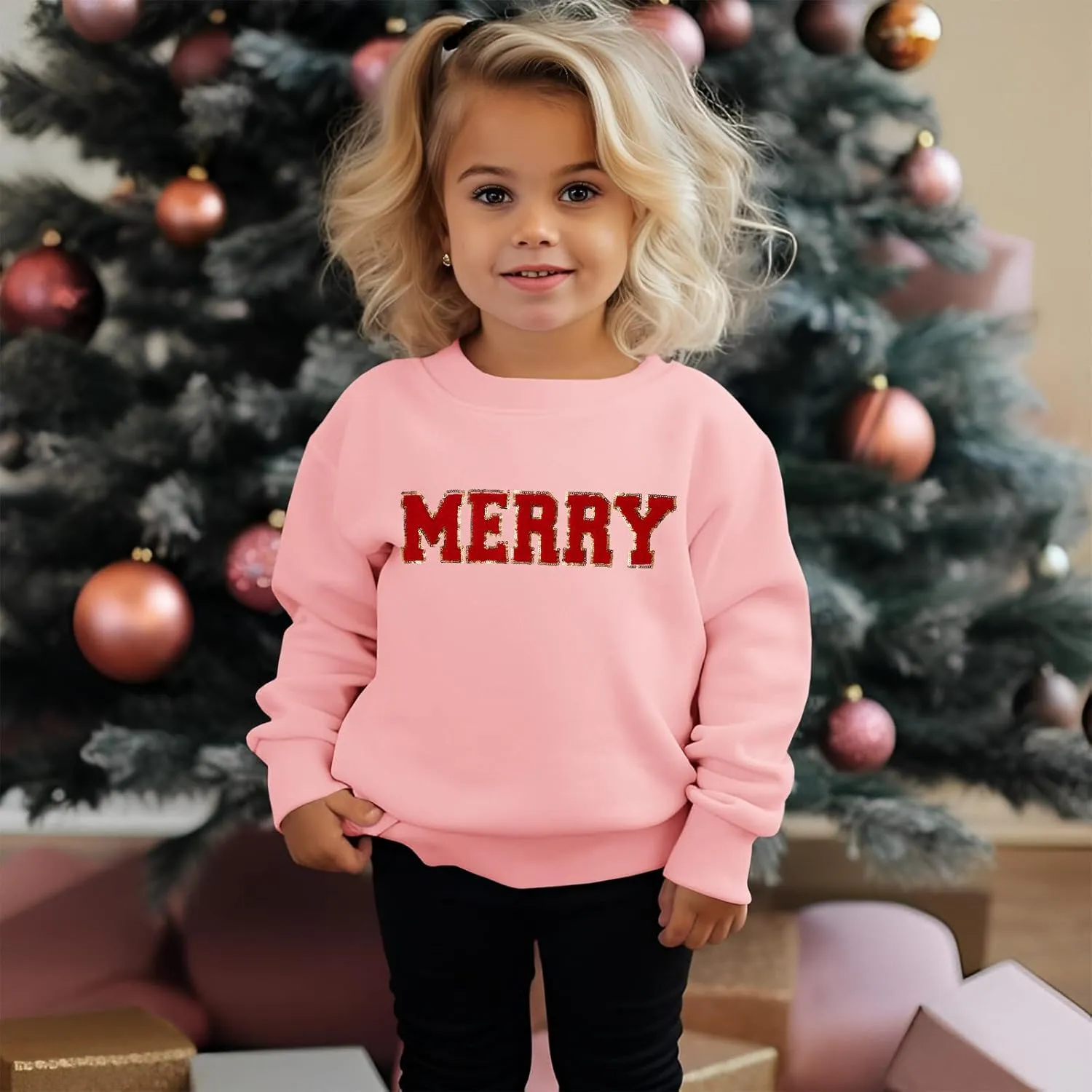 BOUTIKOME Merry Christmas Sweatshirt Toddler Baby Girl Glitter Patch Merry Shirts Xmas Pullover Holiday Tops Winter Clothes