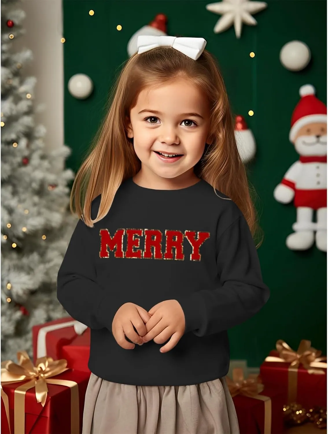 BOUTIKOME Merry Christmas Sweatshirt Toddler Baby Girl Glitter Patch Merry Shirts Xmas Pullover Holiday Tops Winter Clothes