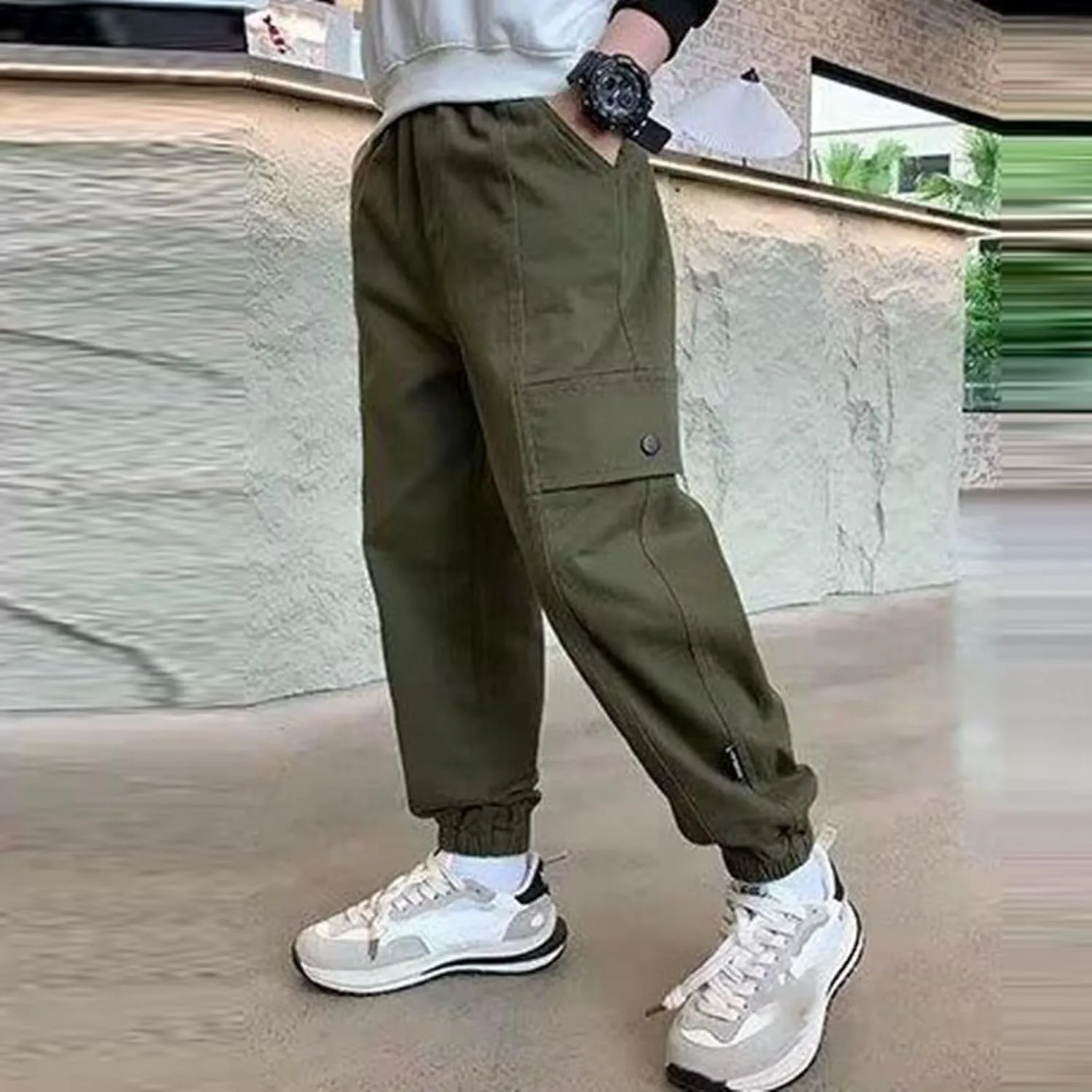 Boys Cargo Joggers Pants Kids' Stretch Casual Cargo Pants Elastic Waist Casual Jogging Trousers Bottom for Kids 3-16 Years