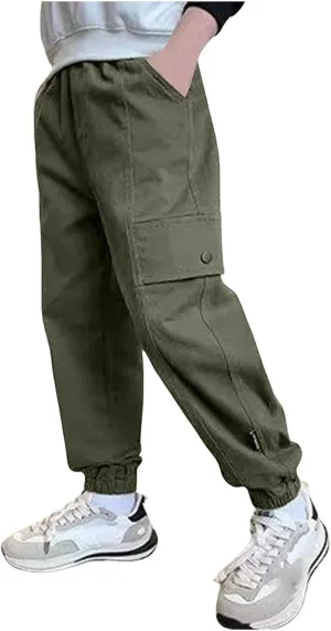 Boys Cargo Joggers Pants Kids' Stretch Casual Cargo Pants Elastic Waist Casual Jogging Trousers Bottom for Kids 3-16 Years