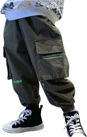 Boys Cargo Joggers Pants Kids' Stretch Casual Cargo Pants Elastic Waist Casual Jogging Trousers Bottom for Kids 3-16 Years