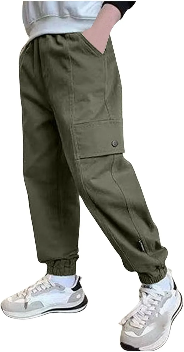 Boys Cargo Joggers Pants Kids' Stretch Casual Cargo Pants Elastic Waist Casual Jogging Trousers Bottom for Kids 3-16 Years