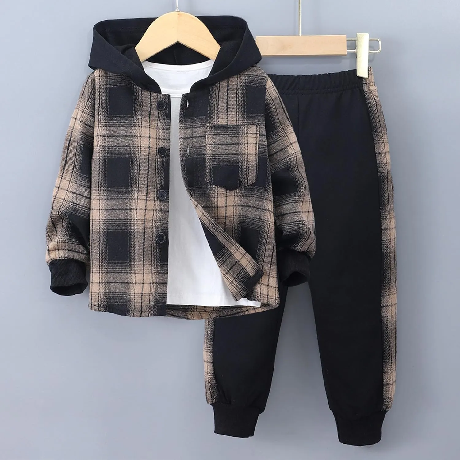 Boy's Color Block Sets Long Sleeve Crewneck Summer Button Front Pullover Hoodie and Jogger Pants Fashion Set