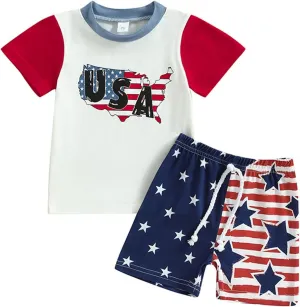 Boys Independence Day 2 Piece Outfit 4th Of July Clothes Sets Short Sleeve Tshirt & Stripe Star Print Shorts