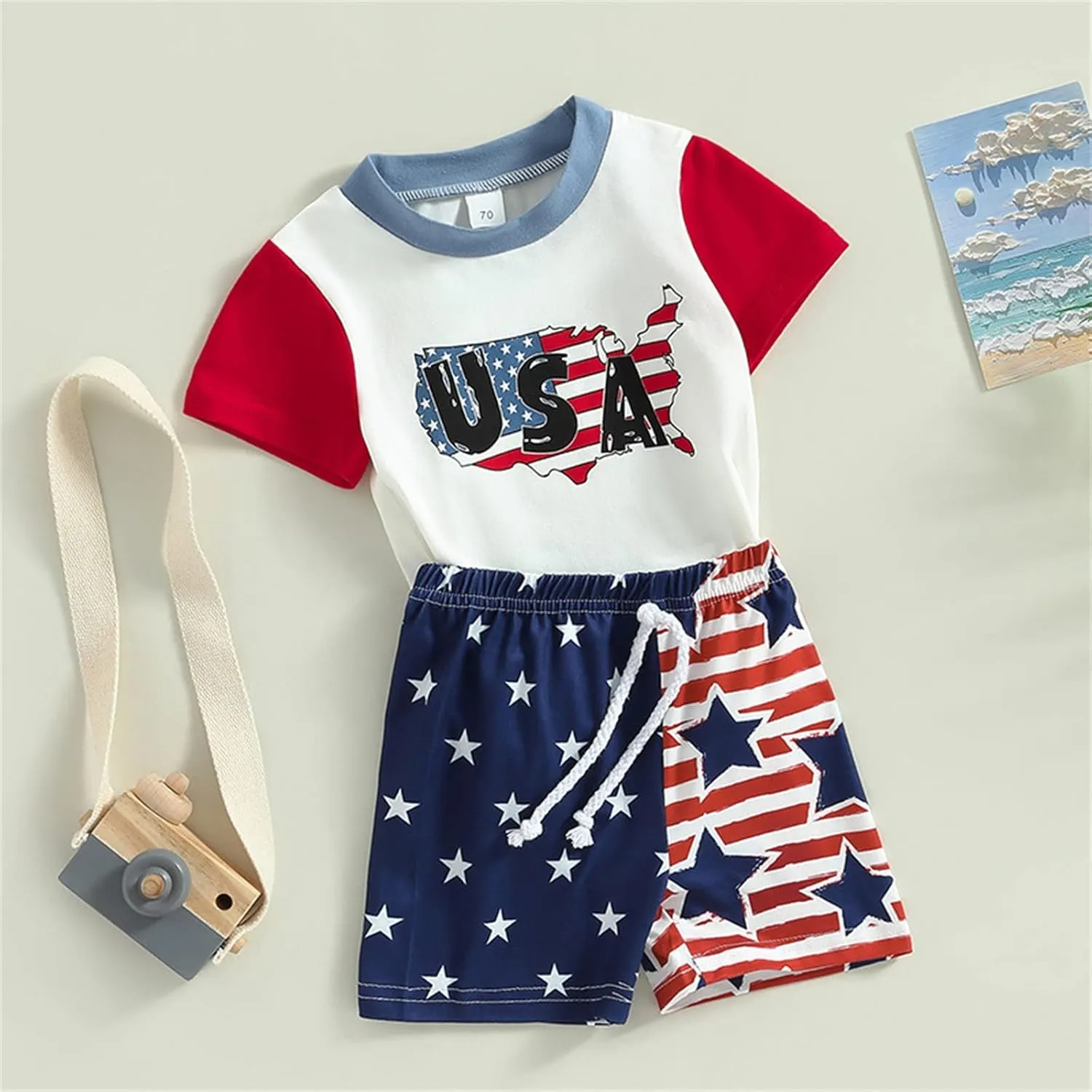 Boys Independence Day 2 Piece Outfit 4th Of July Clothes Sets Short Sleeve Tshirt & Stripe Star Print Shorts