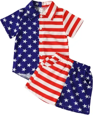 Boys Independence Day Clothes Button Down 𝐇awaiian Shirt Sets 4th Of July Stripe Star Short Sleeve Top & Shorts