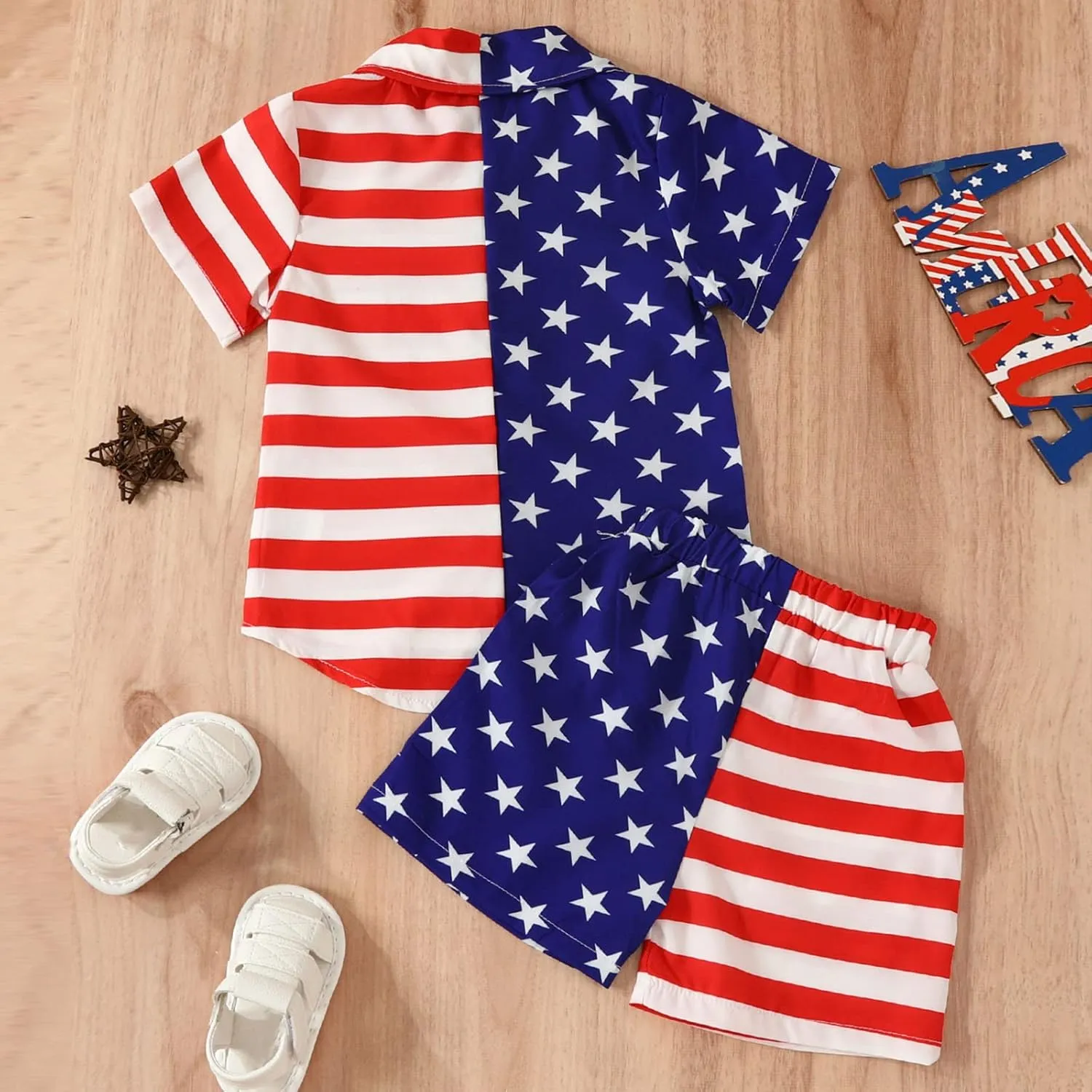 Boys Independence Day Clothes Button Down 𝐇awaiian Shirt Sets 4th Of July Stripe Star Short Sleeve Top & Shorts