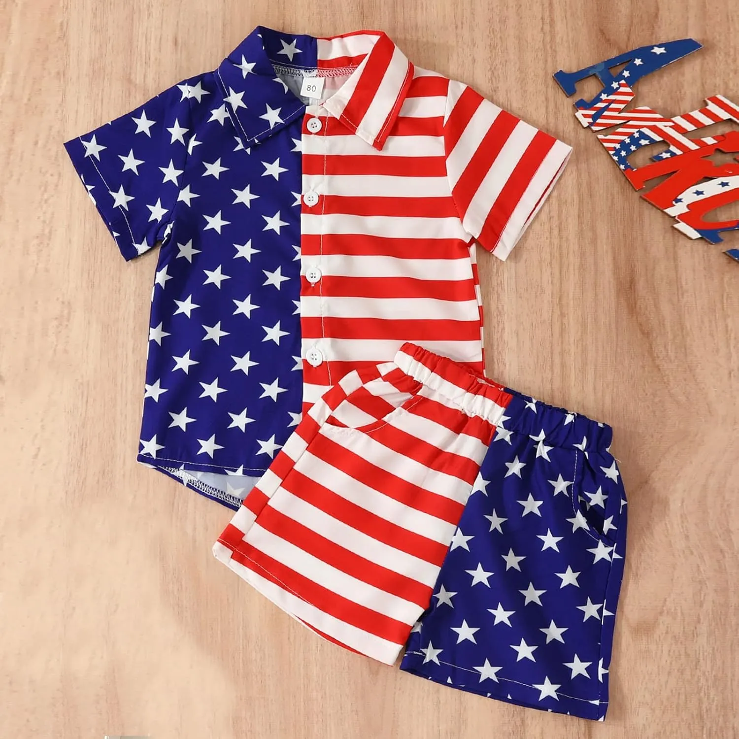 Boys Independence Day Clothes Button Down 𝐇awaiian Shirt Sets 4th Of July Stripe Star Short Sleeve Top & Shorts