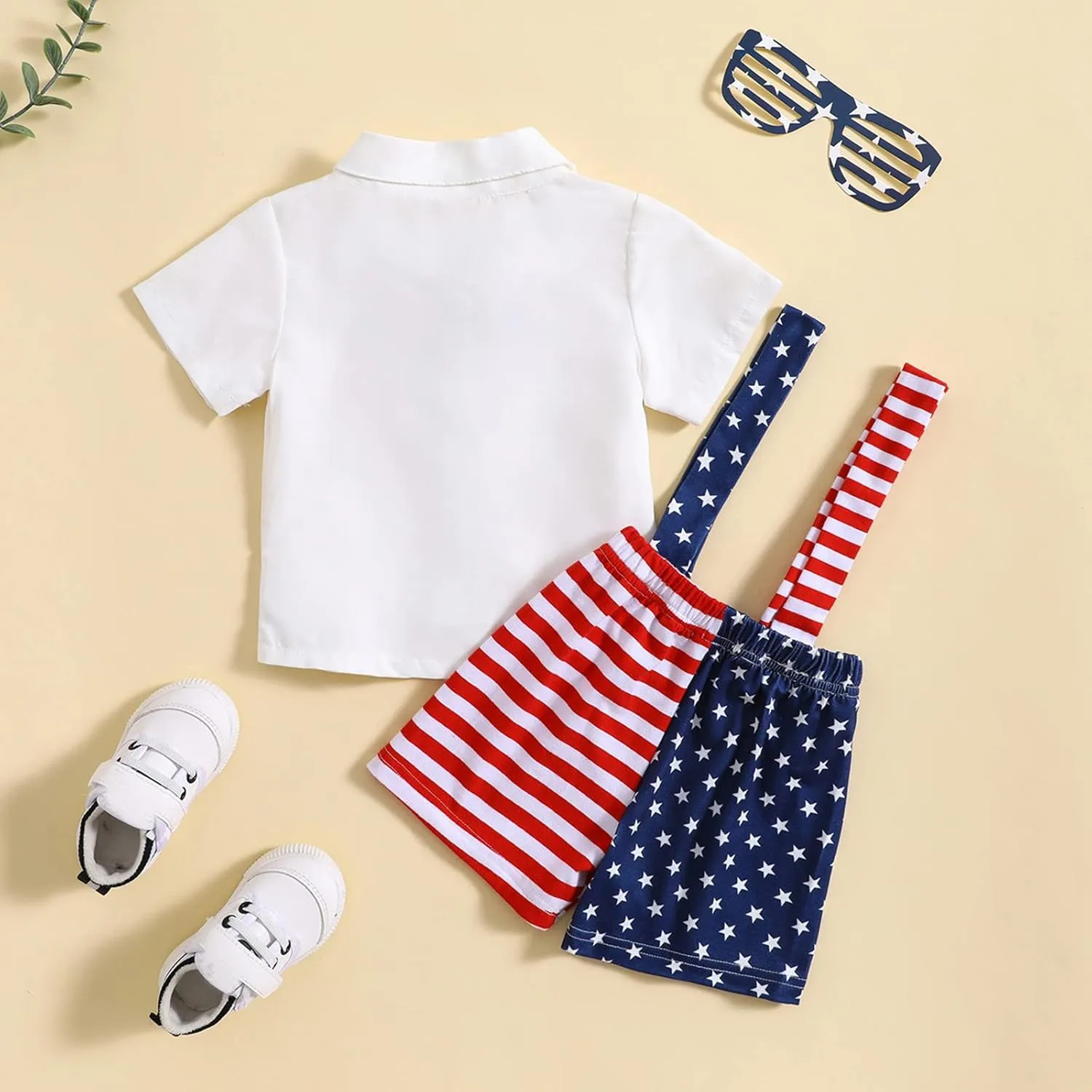 Boys Independence Day Formal Suit Summer Gentleman Suits Set Shirts with Bowtie & Star Stripe Overalls Shorts