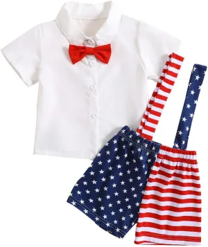Boys Independence Day Formal Suit Summer Gentleman Suits Set Shirts with Bowtie & Star Stripe Overalls Shorts