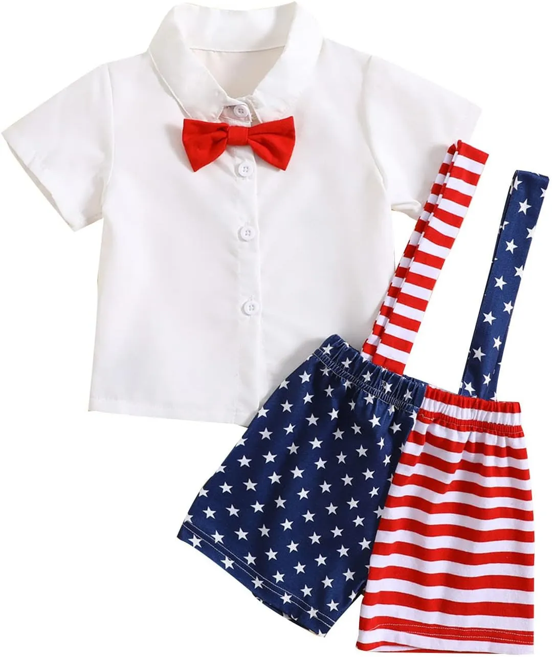 Boys Independence Day Formal Suit Summer Gentleman Suits Set Shirts with Bowtie & Star Stripe Overalls Shorts