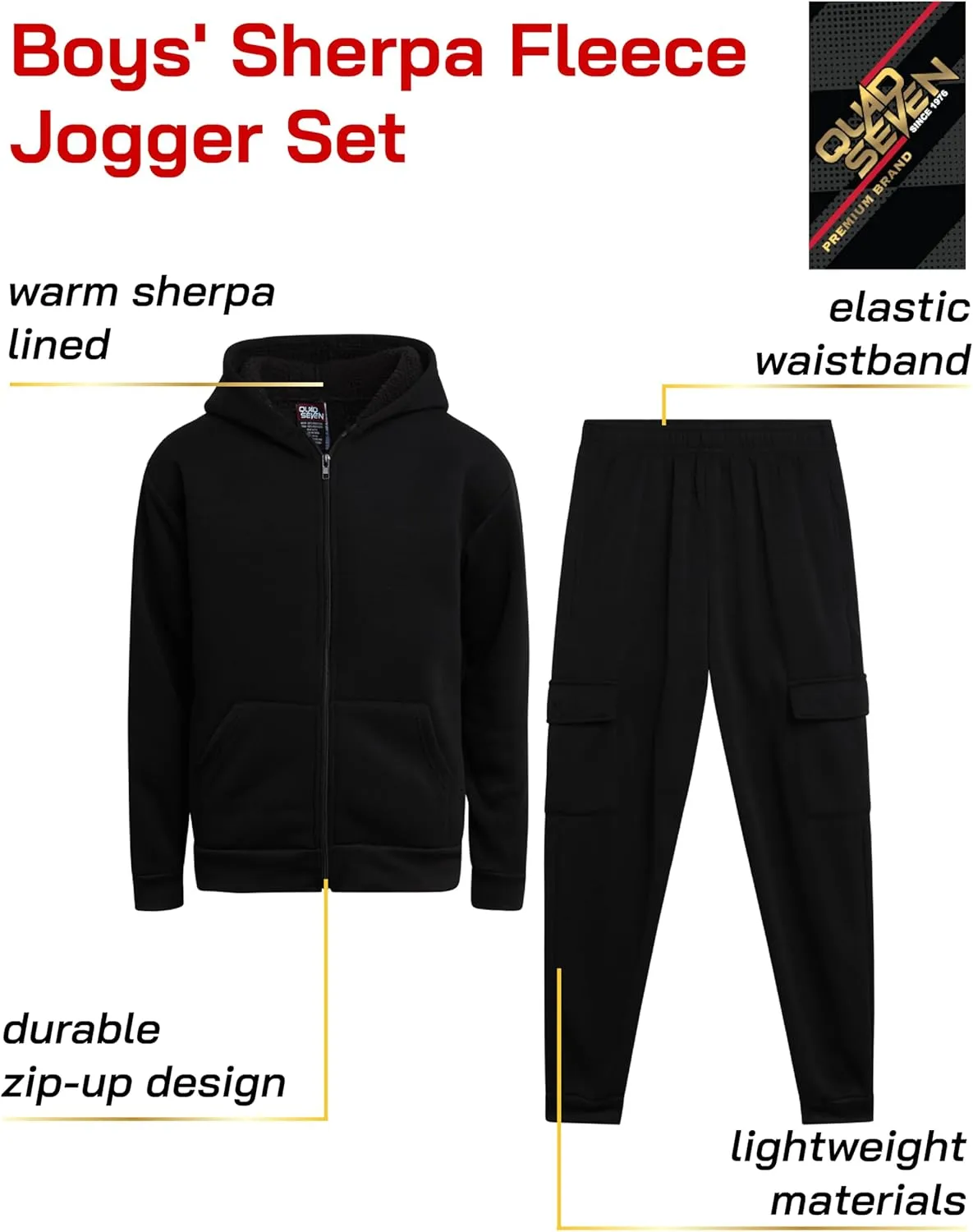 Boys' Sherpa Fleece Jogger Set - 2 Piece Basic Full Zip Fully Sherpa Lined Hoodie and Sweatpants (Size: 8-18)