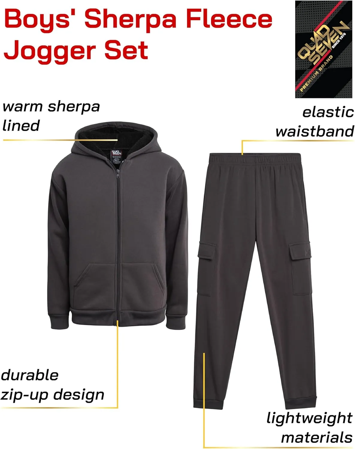 Boys' Sherpa Fleece Jogger Set - 2 Piece Basic Full Zip Fully Sherpa Lined Hoodie and Sweatpants (Size: 8-18)