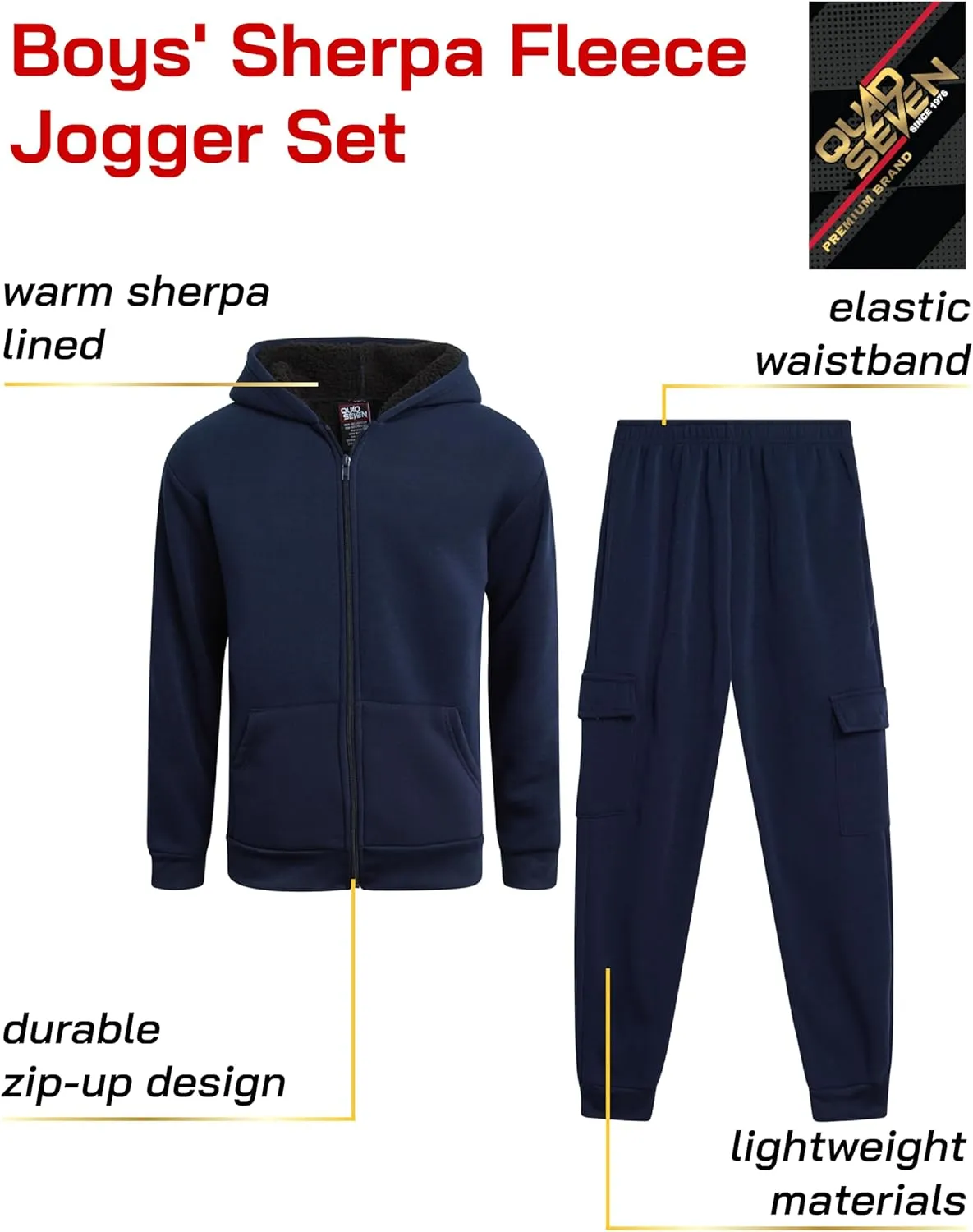 Boys' Sherpa Fleece Jogger Set - 2 Piece Basic Full Zip Fully Sherpa Lined Hoodie and Sweatpants (Size: 8-18)