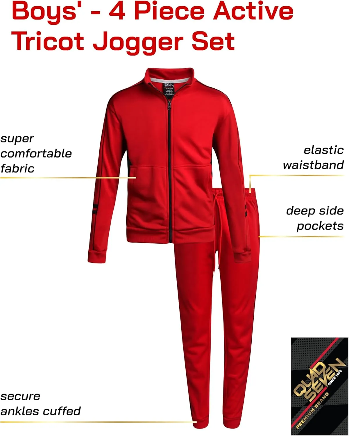 Boys' Tricot Jogger Set - 4 Piece Active Performance Zip-Up Tracksuit Set (Size: 8-18)