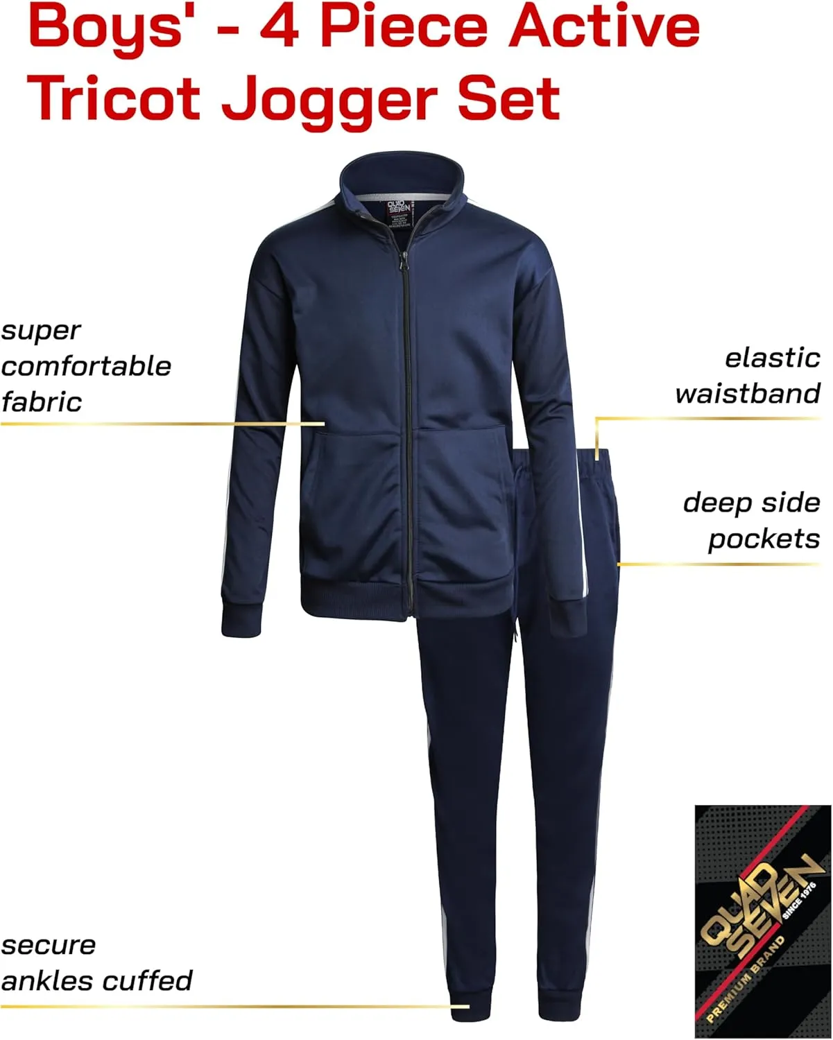 Boys' Tricot Jogger Set - 4 Piece Active Performance Zip-Up Tracksuit Set (Size: 8-18)