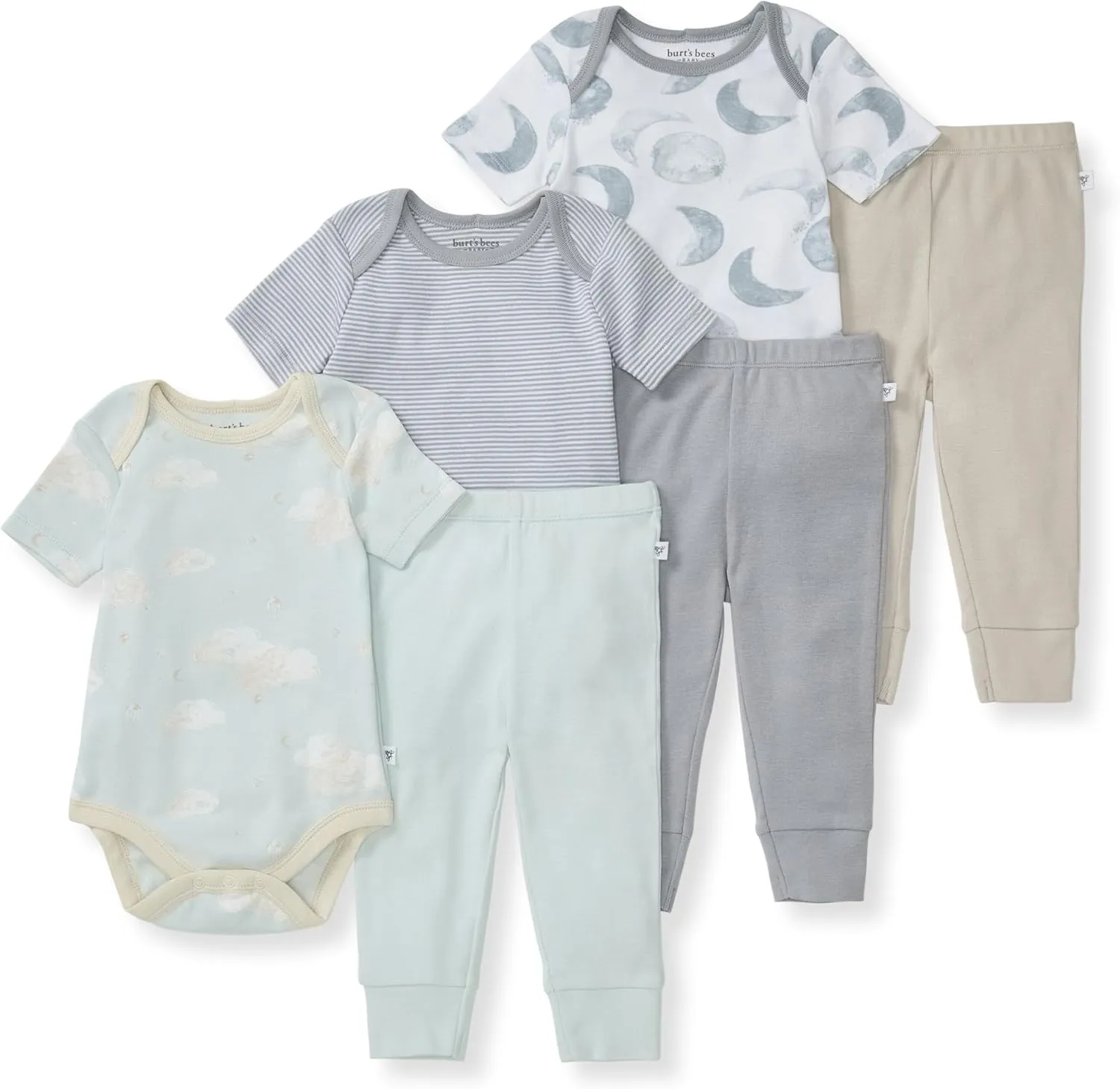 Burt's Bees Baby Unisex Baby 6-Piece Bodysuit and Pant Set, 100% Organic Cotton Infant Outfit Baby Essentials