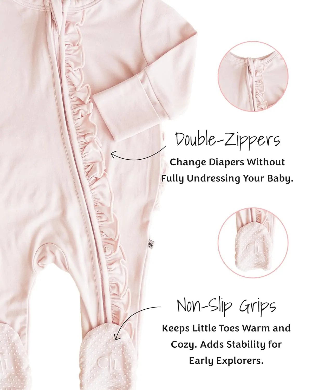 Caden Lane Zippered Baby Footie Pajamas, Soft Onesie Bodysuit with Feet & Double Zipper for Easy Diaper Change, Infant, and Toddler Footed One-Piece Jumpsuit, Pale Pink, 6-12 Months