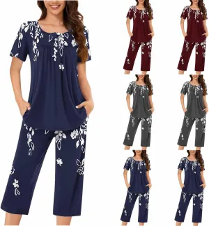 Capris Pajama Sets for Women Floral Print Short Sleeve Tops Capris Lounge Outfits Crewneck Pleated Button Sleepwear