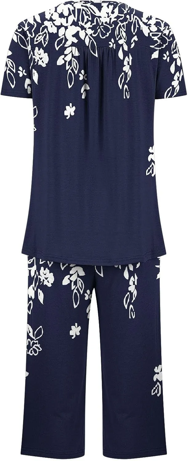 Capris Pajama Sets for Women Floral Print Short Sleeve Tops Capris Lounge Outfits Crewneck Pleated Button Sleepwear