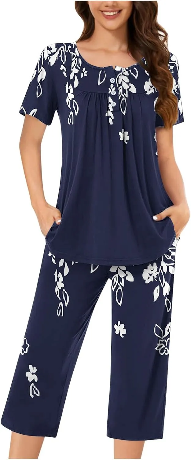 Capris Pajama Sets for Women Floral Print Short Sleeve Tops Capris Lounge Outfits Crewneck Pleated Button Sleepwear