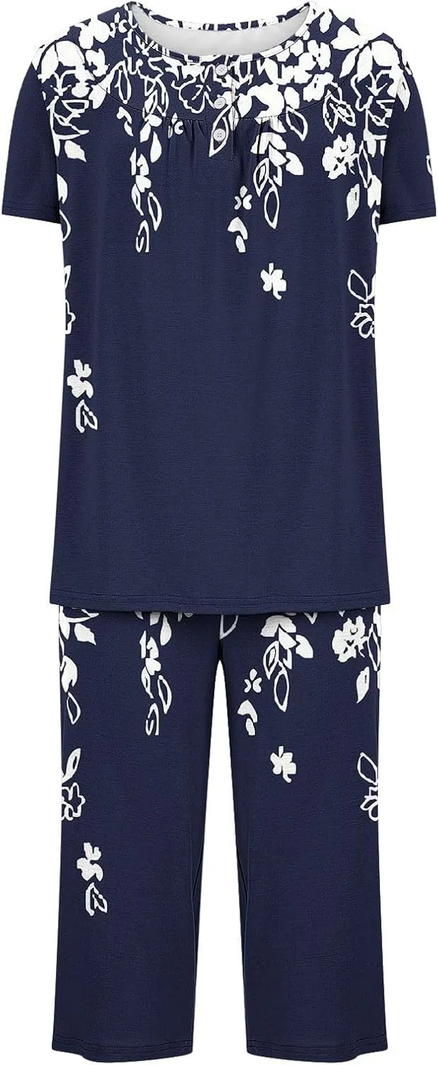 Capris Pajama Sets for Women Floral Print Short Sleeve Tops Capris Lounge Outfits Crewneck Pleated Button Sleepwear