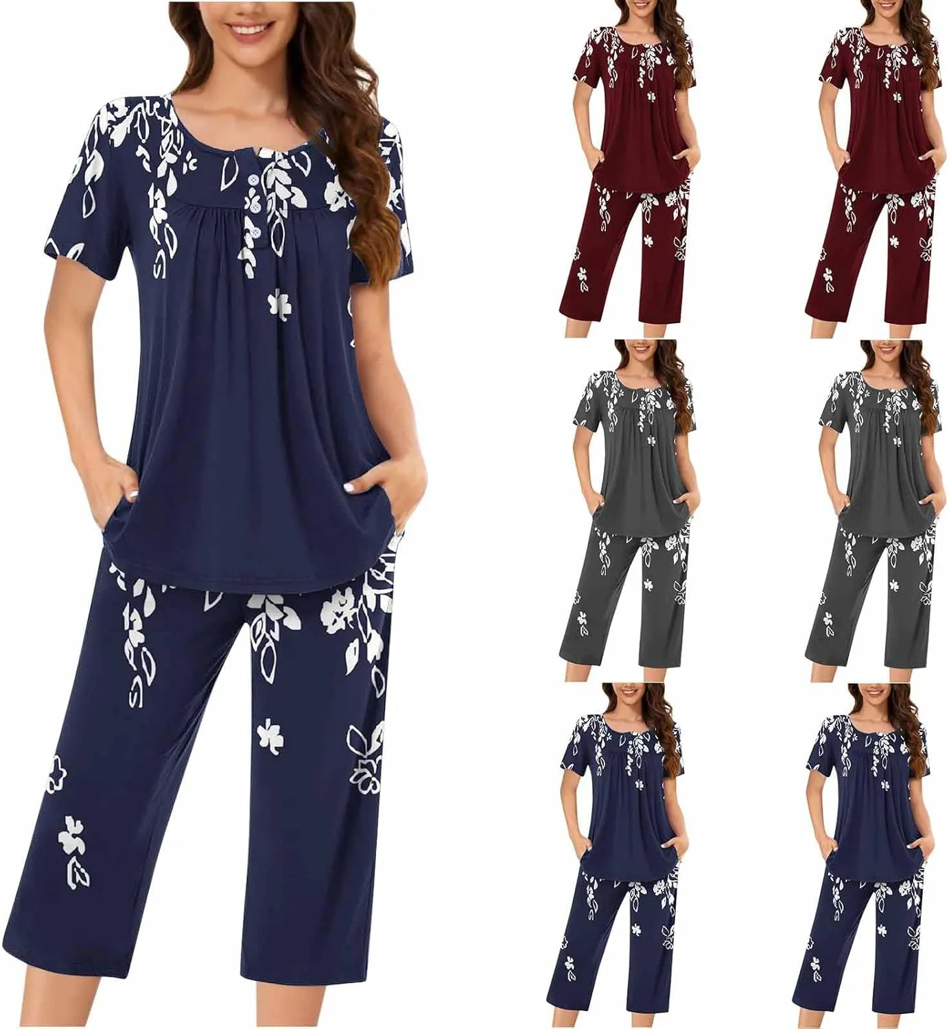 Capris Pajama Sets for Women Floral Print Short Sleeve Tops Capris Lounge Outfits Crewneck Pleated Button Sleepwear