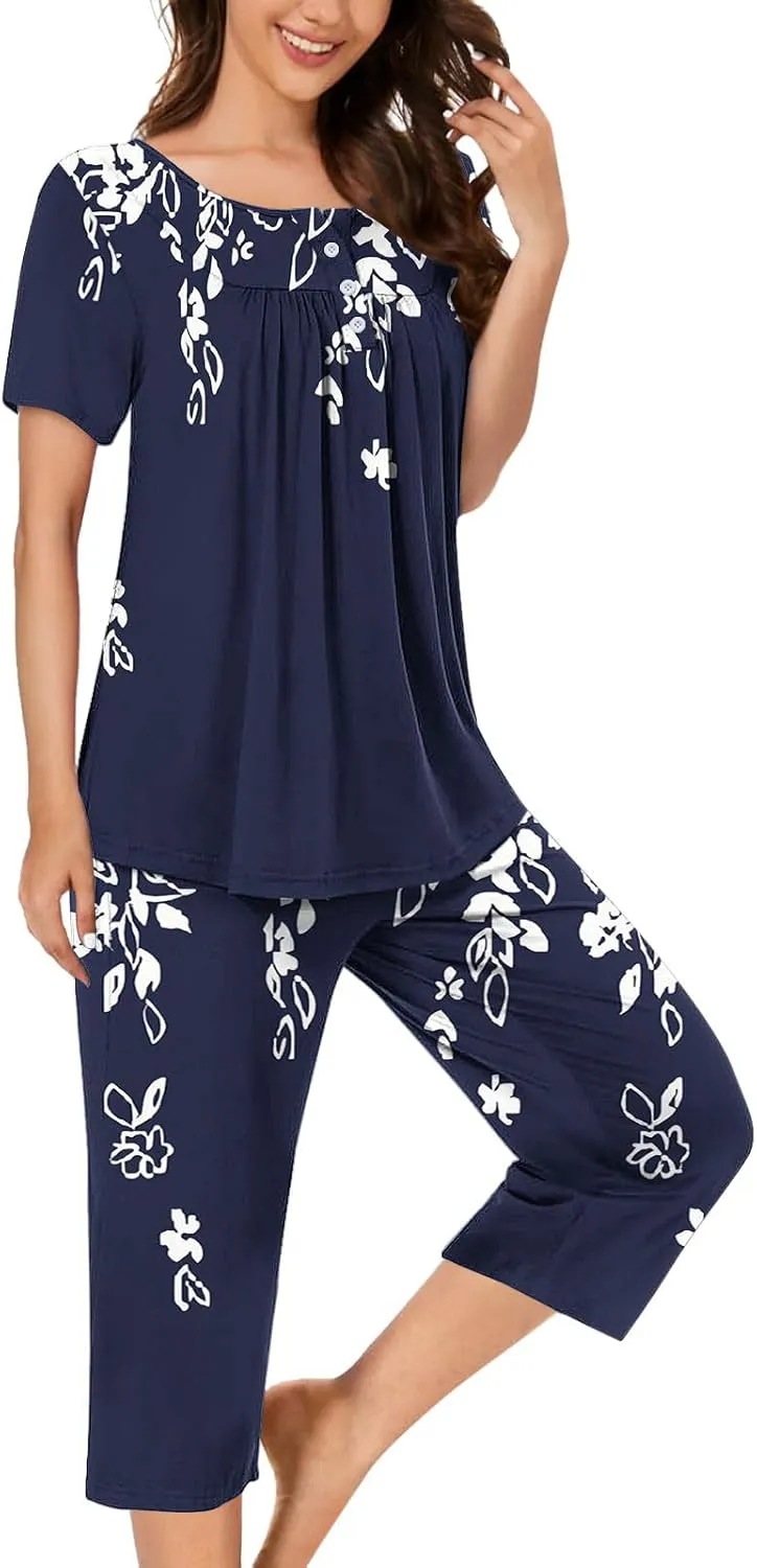 Capris Pajama Sets for Women Floral Print Short Sleeve Tops Capris Lounge Outfits Crewneck Pleated Button Sleepwear