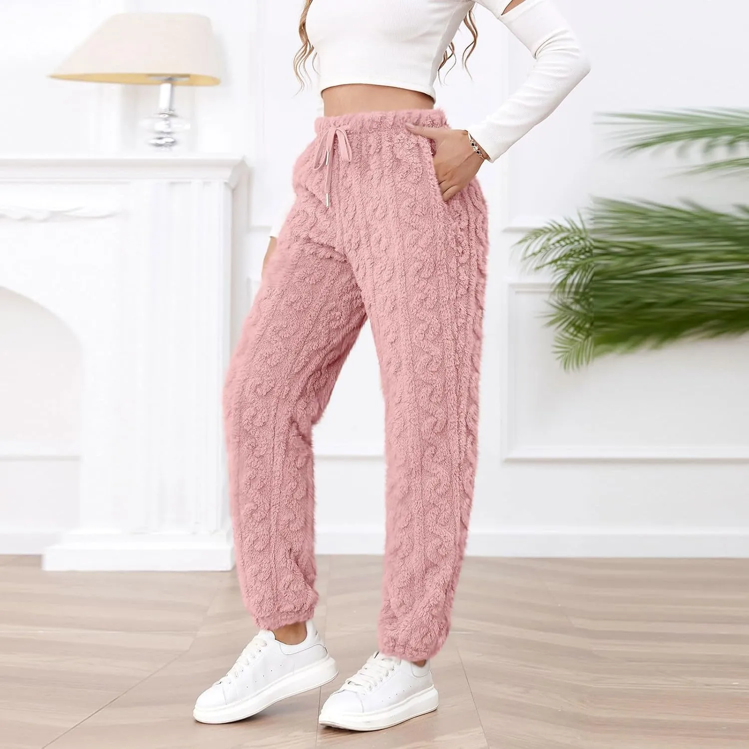Casual Furry Plush Soft Sweatpants for Women Lounge Sleepwear Flannel Pajama Pants Home Wear Fleece Joggers