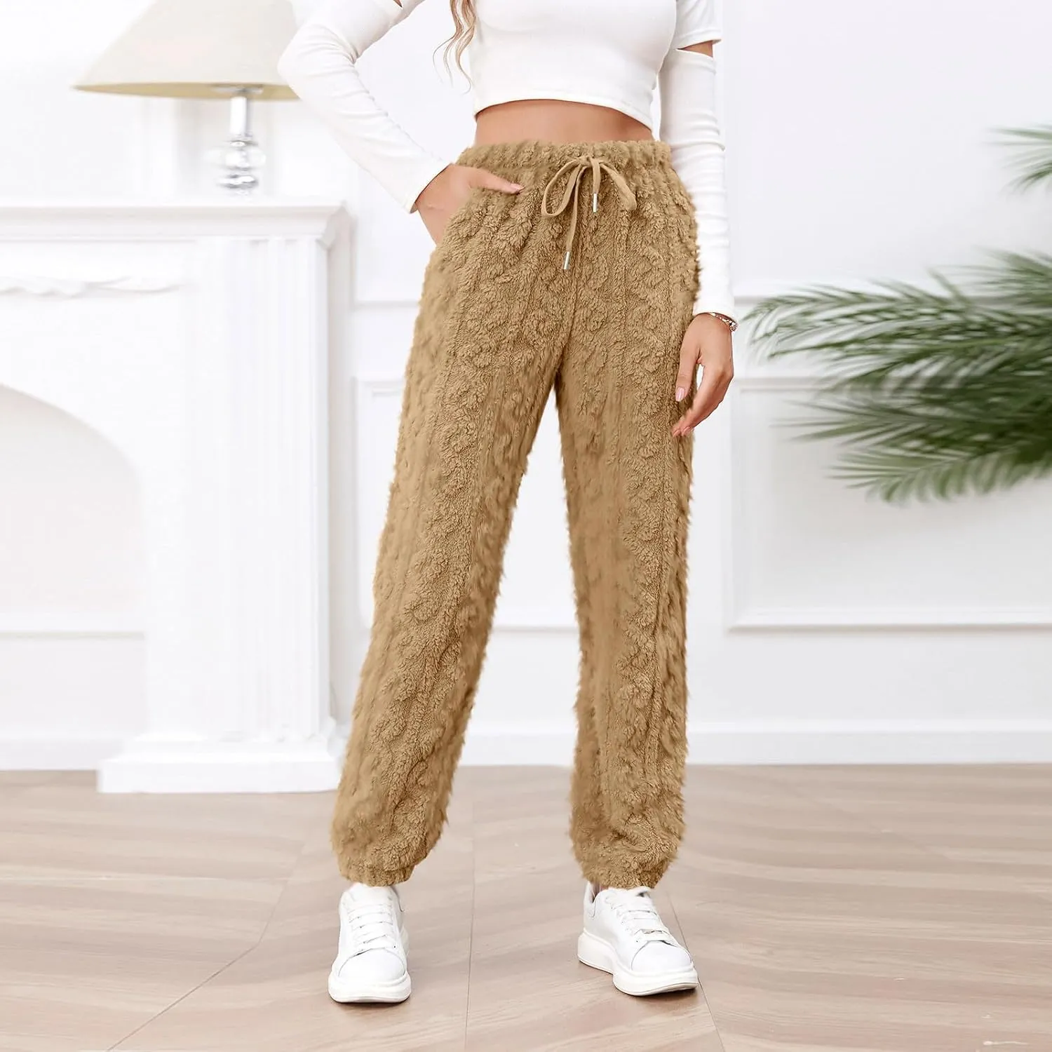 Casual Furry Plush Soft Sweatpants for Women Lounge Sleepwear Flannel Pajama Pants Home Wear Fleece Joggers
