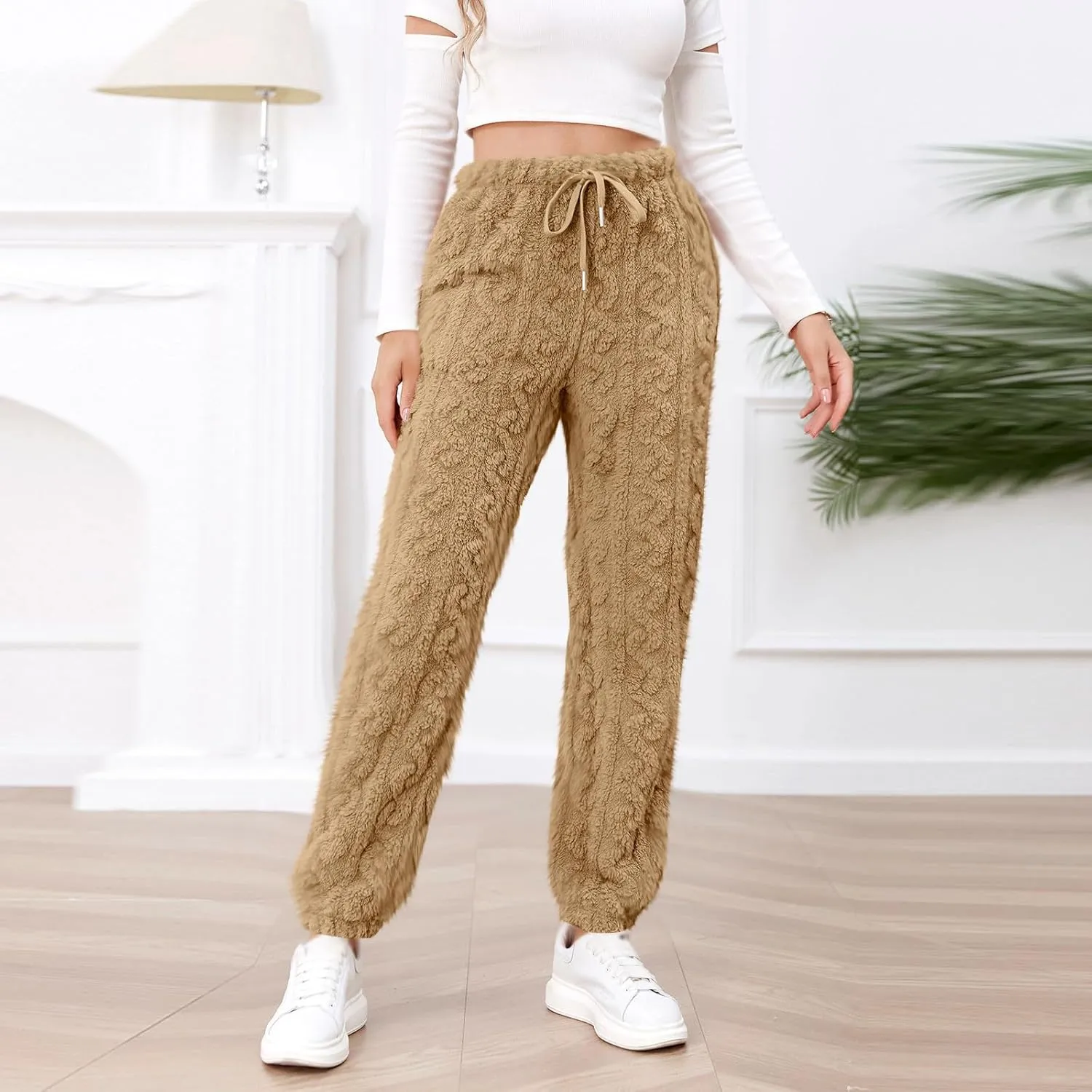 Casual Furry Plush Soft Sweatpants for Women Lounge Sleepwear Flannel Pajama Pants Home Wear Fleece Joggers