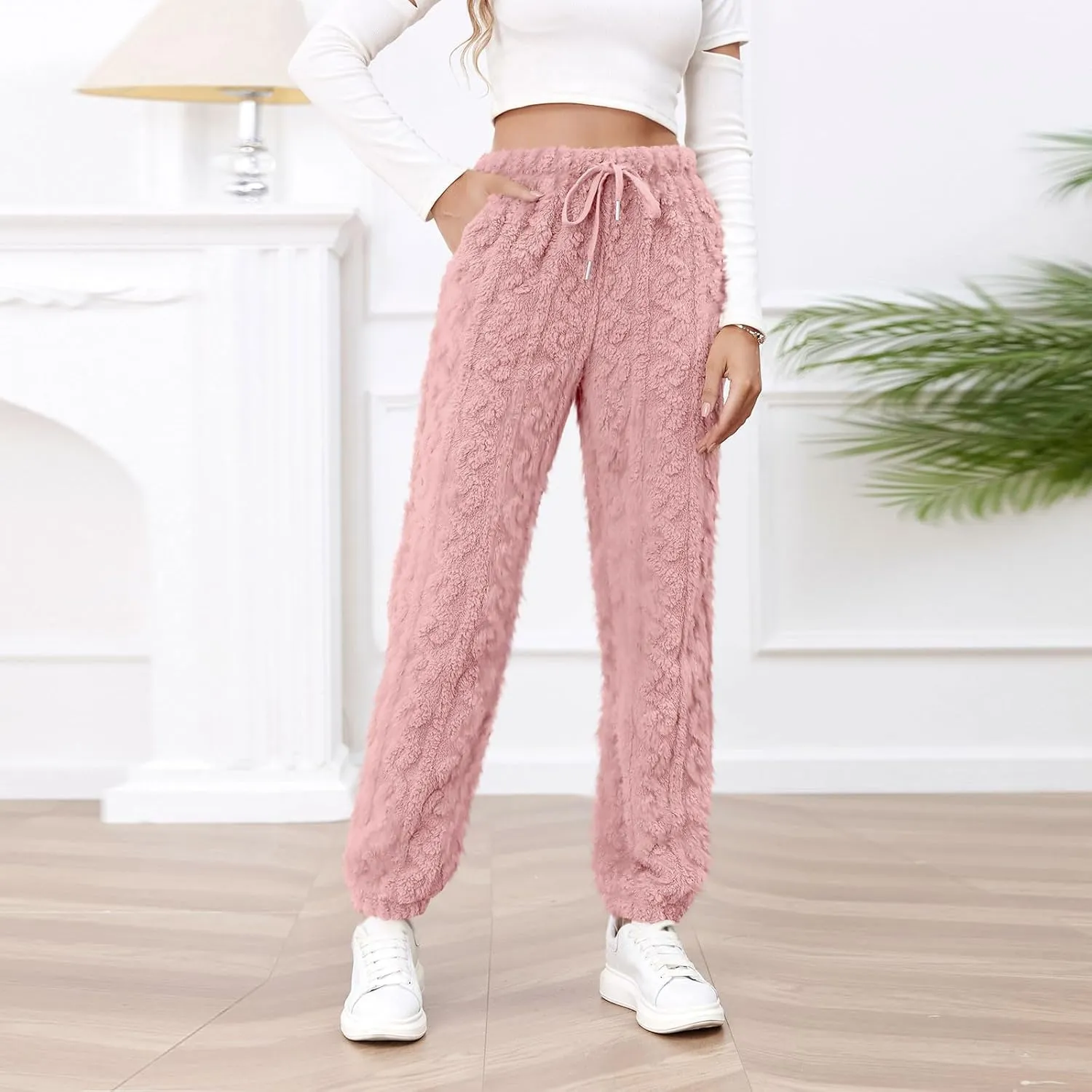 Casual Furry Plush Soft Sweatpants for Women Lounge Sleepwear Flannel Pajama Pants Home Wear Fleece Joggers
