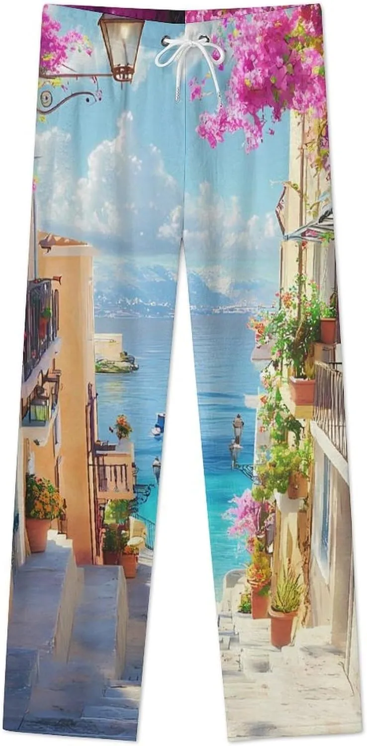 Cherry Blossoms Town Women's Pajama Pants Fleece Warm Pj Bottoms Sleepwear Lounge Pants Loungewear