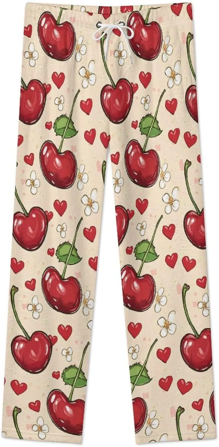 Cherry Flower Heart Women's Pajama Pants Fleece Warm Pj Bottoms Sleepwear Lounge Pants Loungewear
