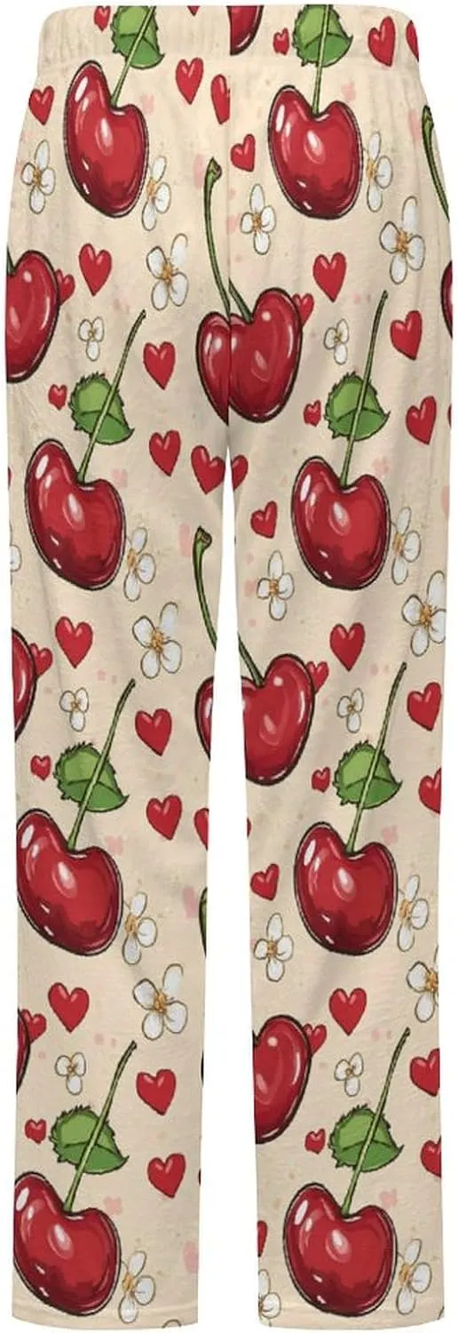 Cherry Flower Heart Women's Pajama Pants Fleece Warm Pj Bottoms Sleepwear Lounge Pants Loungewear