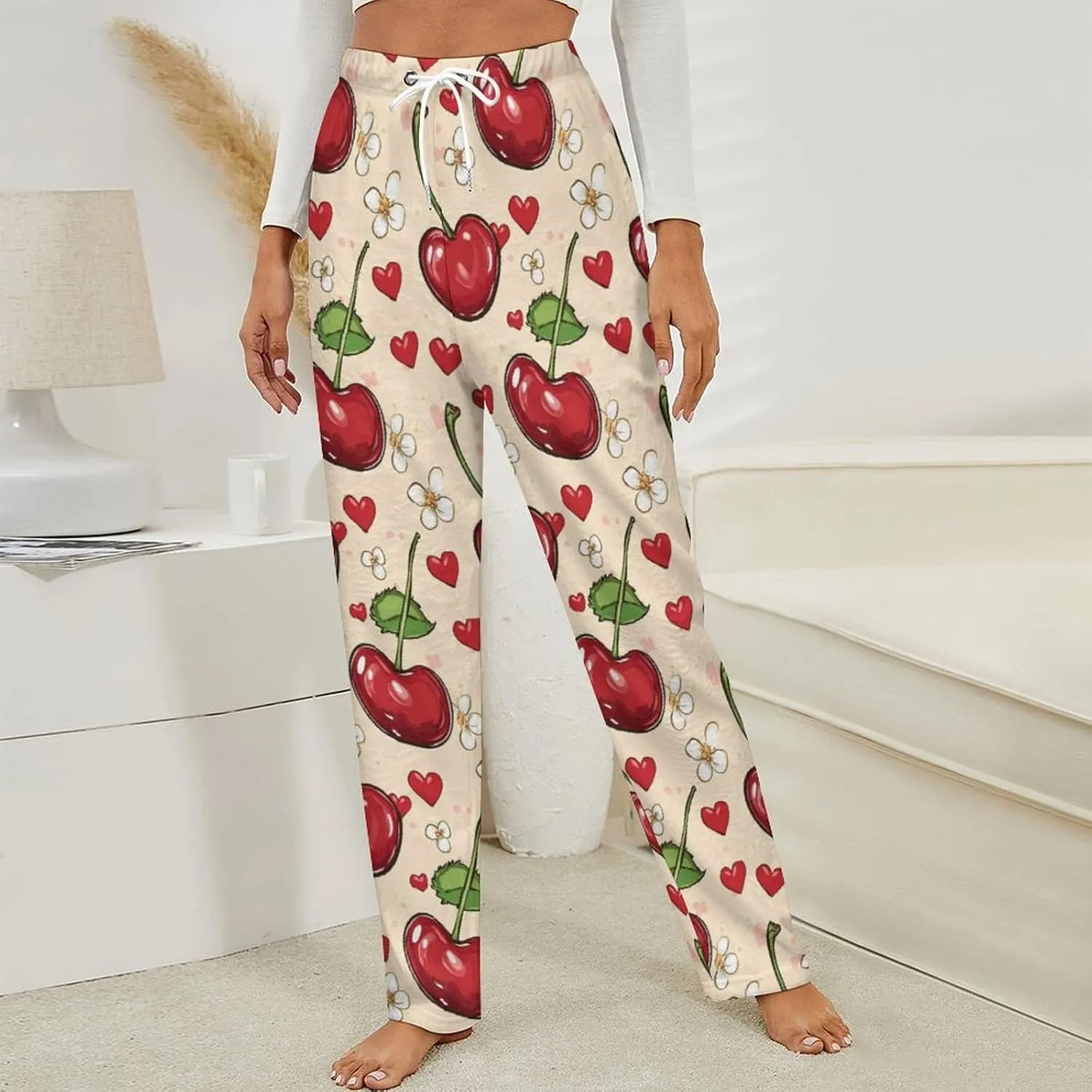 Cherry Flower Heart Women's Pajama Pants Fleece Warm Pj Bottoms Sleepwear Lounge Pants Loungewear